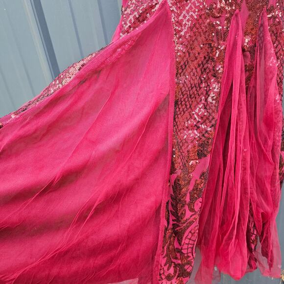 One Shoulder Formal Gown Size Medium Dark Red Sequins Flared Bottom Maxi Dress - Picture 5 of 8